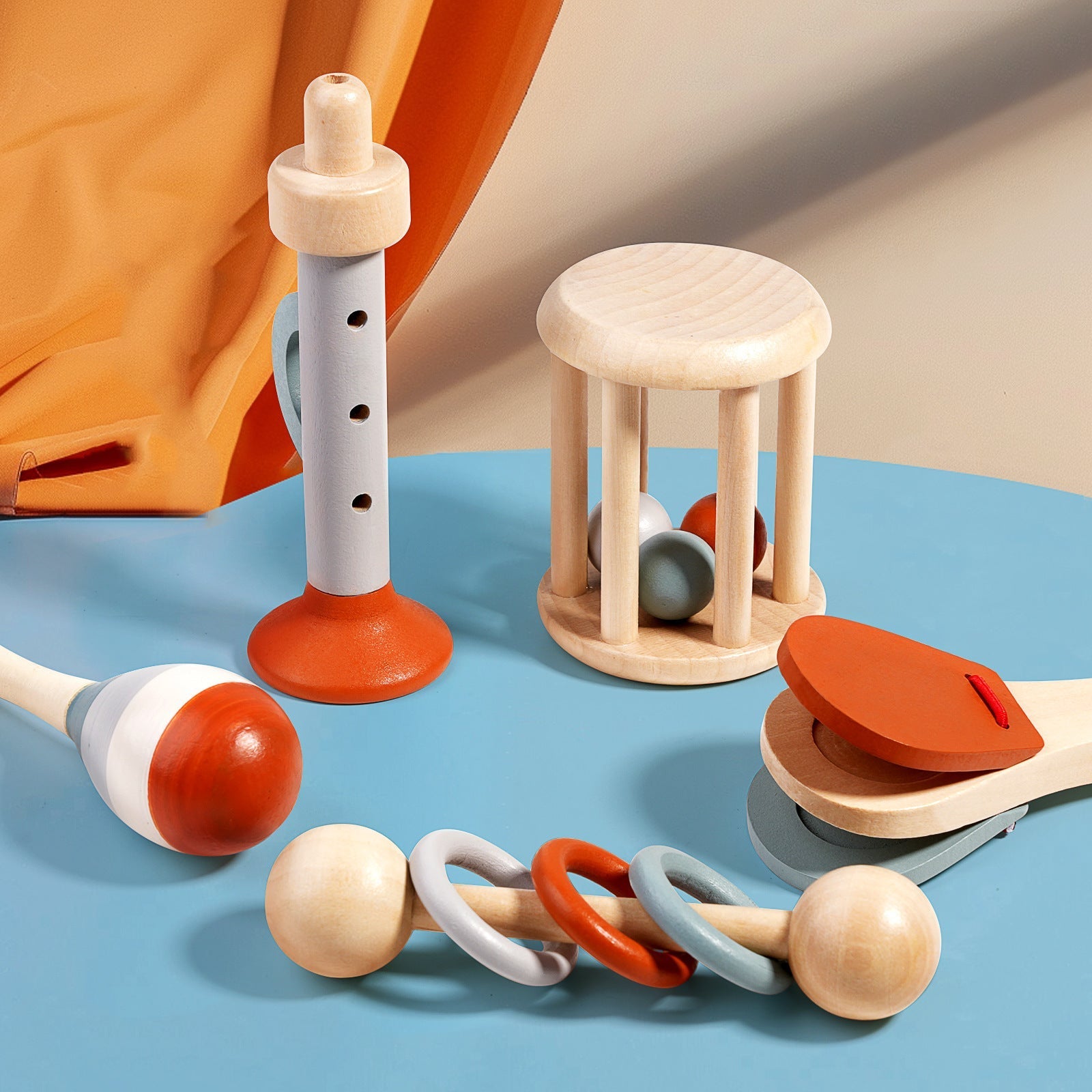 Unisex Baby Wooden Rattle Set Bell Toy For Early Learning