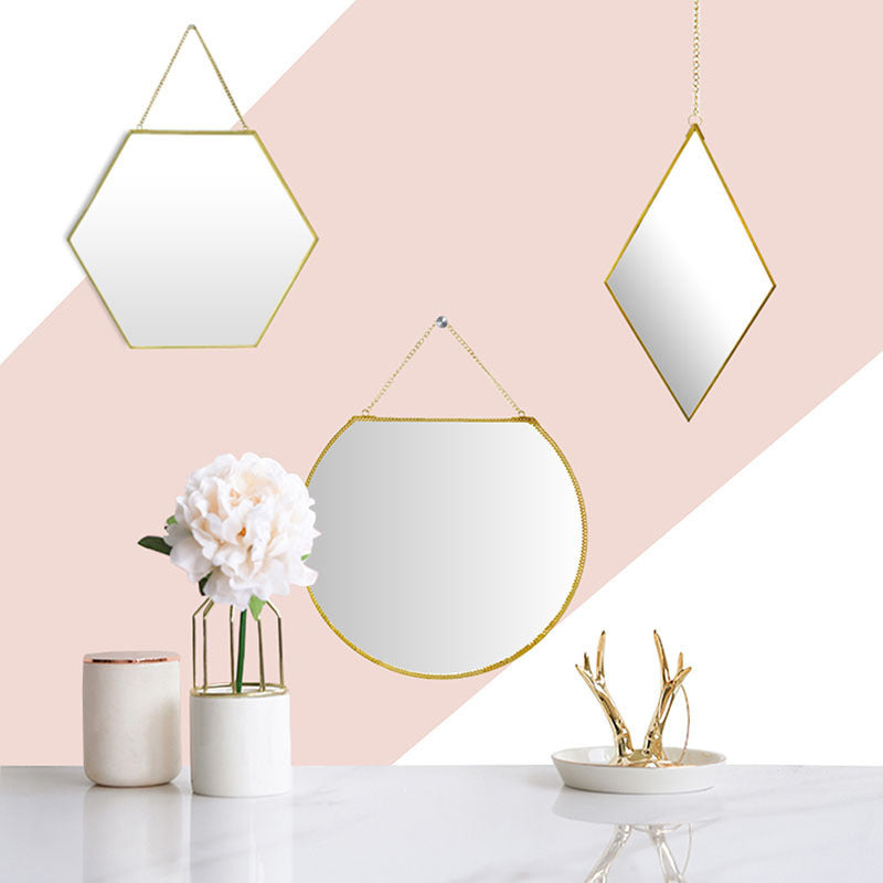 Brass Hexagonal Cosmetic Mirror – Wall-Mounted Bathroom Vanity, Modern
