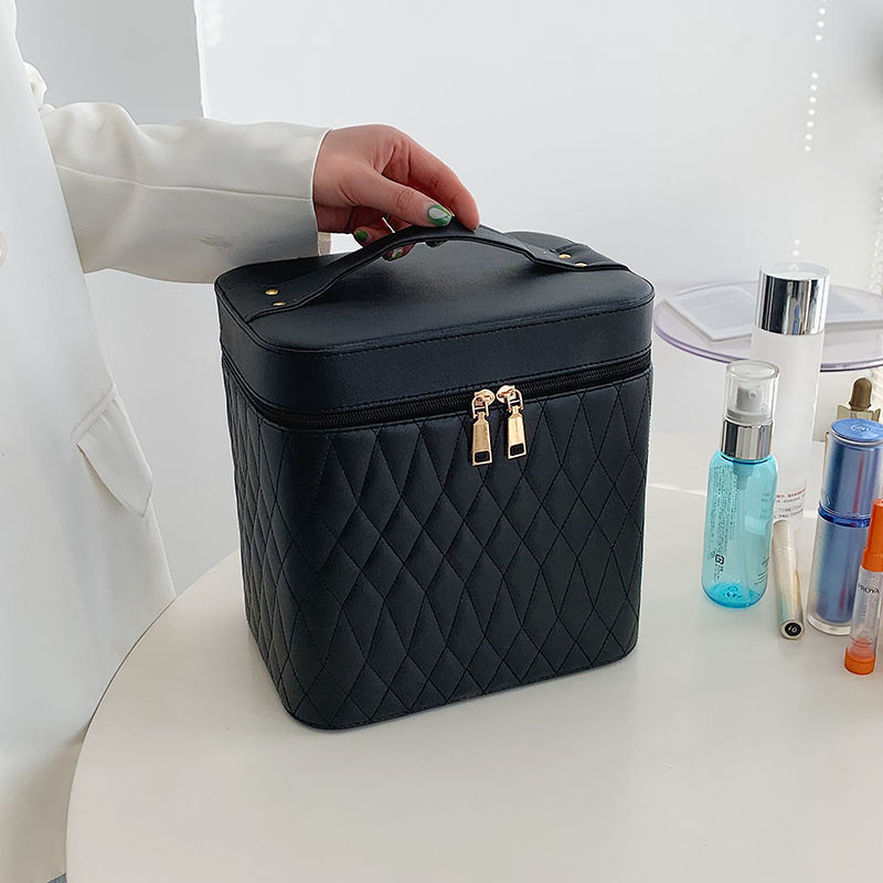 Cosmetic Bag with Mirror – Rhombus Embroidery Double-Layer Storage Caseesign Fashion Rhombus-Embroidery Double-layer Suitcase Large Capacity Make-up Storage Bags For Women