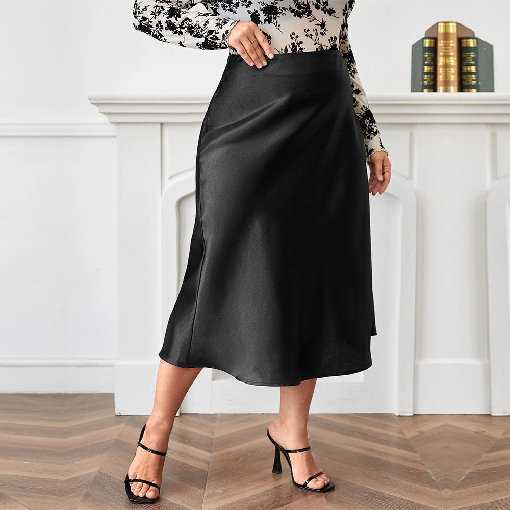 Plus Size Satin A-Line Skirt – Elegant Collage Stitch Design