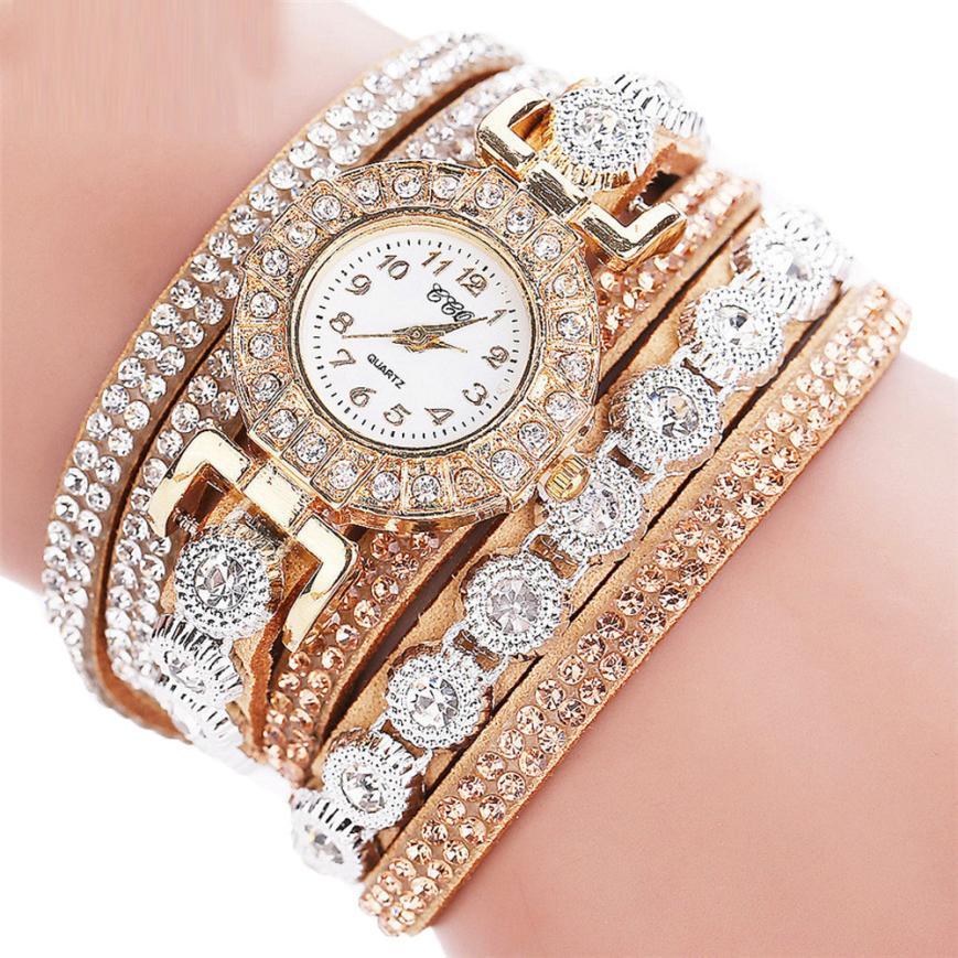 Fashion Luxury Women's Quartz Rhinestone PU Leather Bracelet Watch