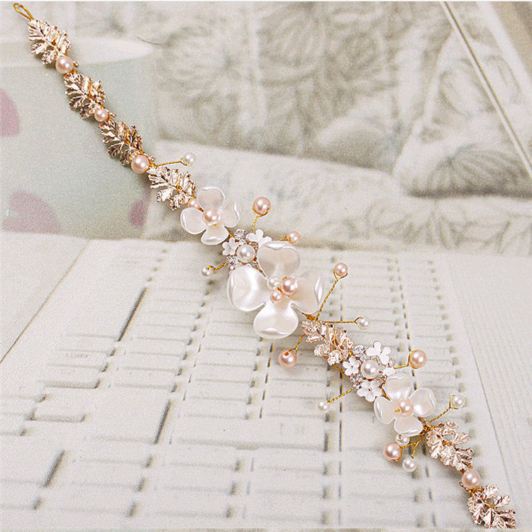 Luxury Bridal Wedding Headdress with Pearl, Ceramic, and Golden Hoop