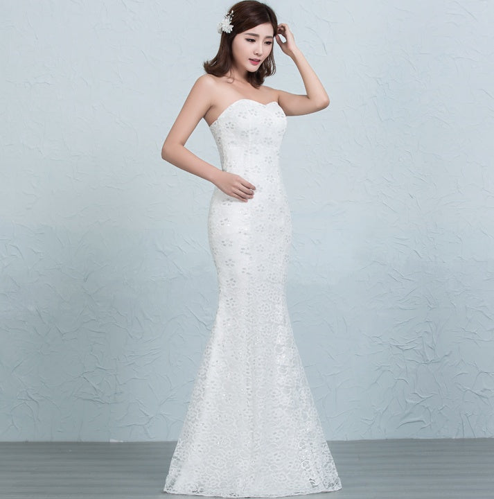 Sequined Lace Waist Fishtail Wedding Dress with Tube Top and Strap Back