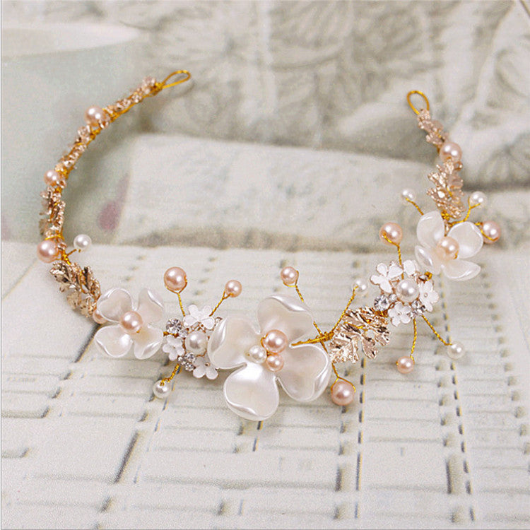 Luxury Bridal Wedding Headdress with Pearl, Ceramic, and Golden Hoop