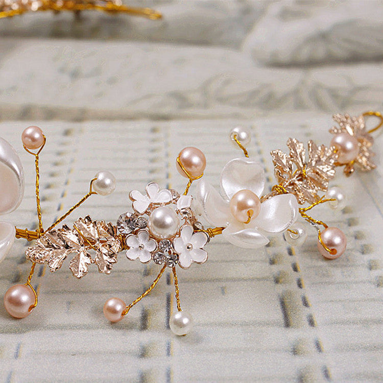 Luxury Bridal Wedding Headdress with Pearl, Ceramic, and Golden Hoop