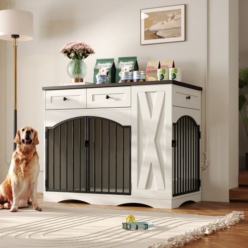 GO 43.3 Farmhouse Dog Crate Furniture, Heavy Duty Dog Crate With 3 Drawers, Indoor Wooden Dog Kennel With Removable Feeder, Dog Cage End Table For Medium Large Dogs, White