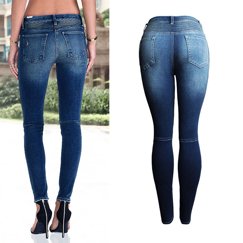 Women's Motorcycle Biker Jeans – Mid to High Waist Stretch Skinny Denim Pants with Zipper