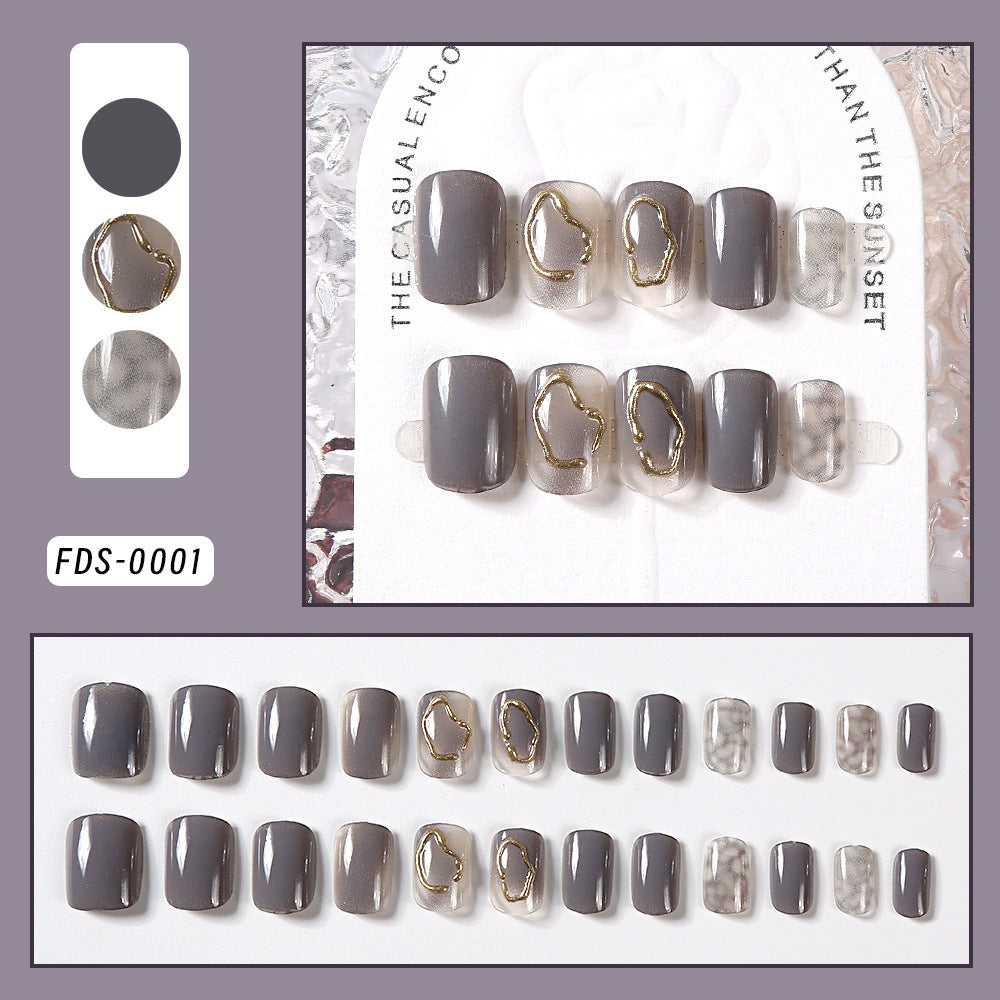 Autumn And Winter Ice Transparent Gray Gold Coil Square Short Nail Tip
