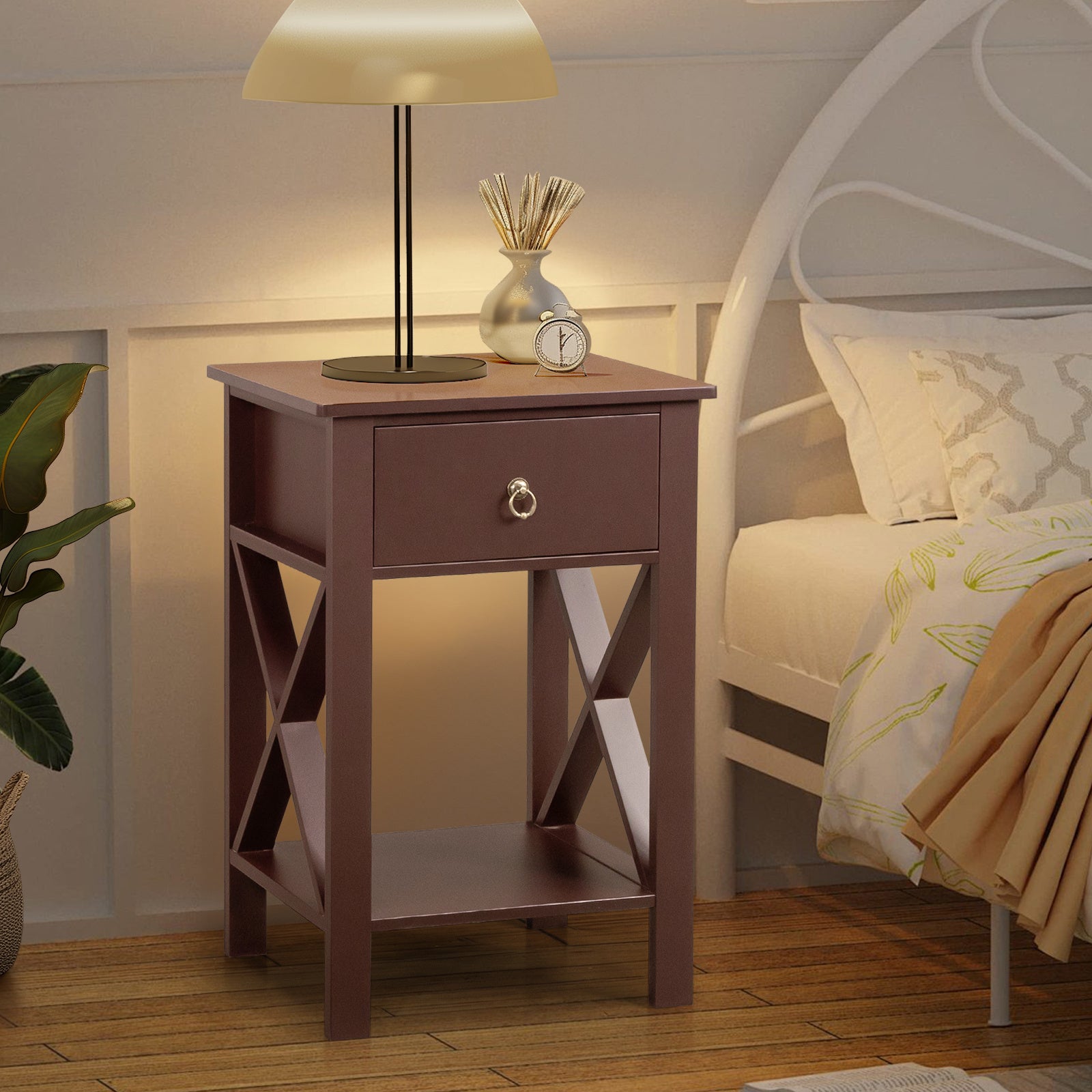 Brown P2 Grade Density Board Spray Paint, Side Cross Type, One Drawer Bedside Cabinet 2pcs