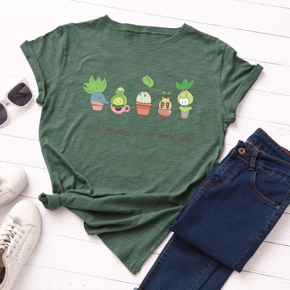 Loose Round Neck Short Sleeved Cotton T-shirt Women