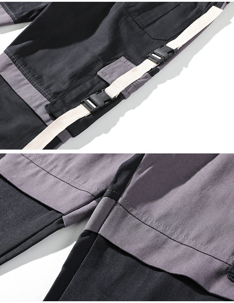 Men’s Hip-Hop Contrast Stitch Drawstring Cargo Pants – Streetwear Style