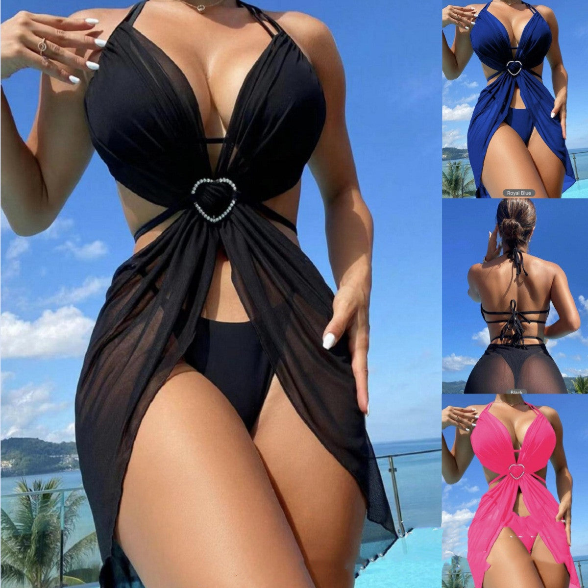 Women's Black High Waist Bikini Two-Piece Solid Polyester