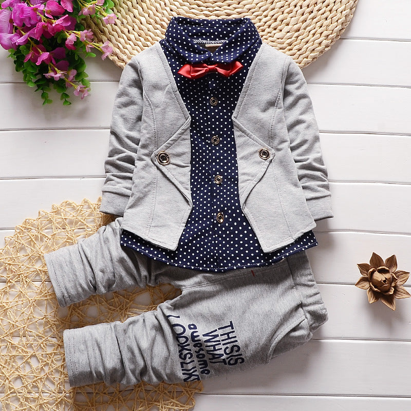 Kids Bow Tie Sweater Set With Fleece Trousers Slim Fit