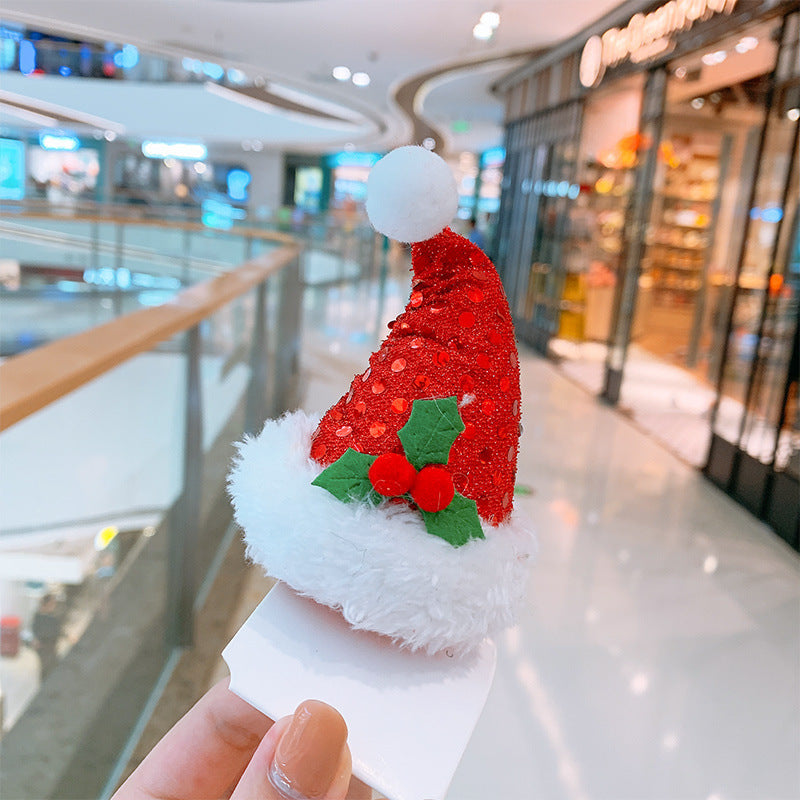 Handmade Cloth Christmas Antler Hairpin with Festive Plush Hat