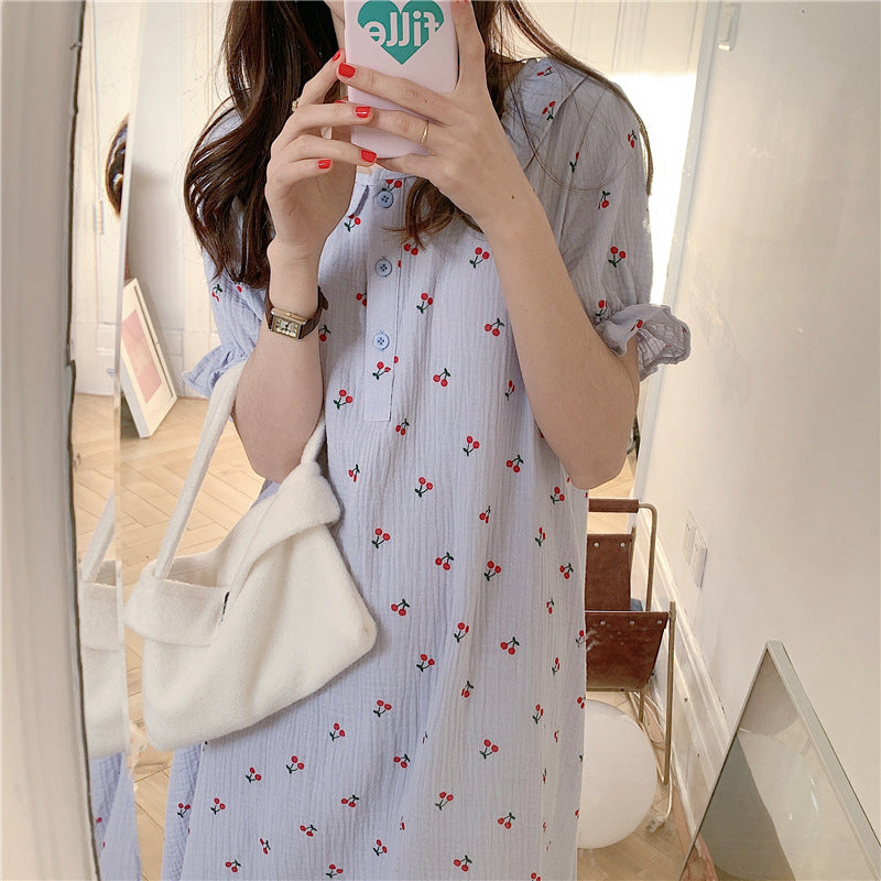Cute Little Cherry Casual Loungewear Dress Doll Collar Nightdress