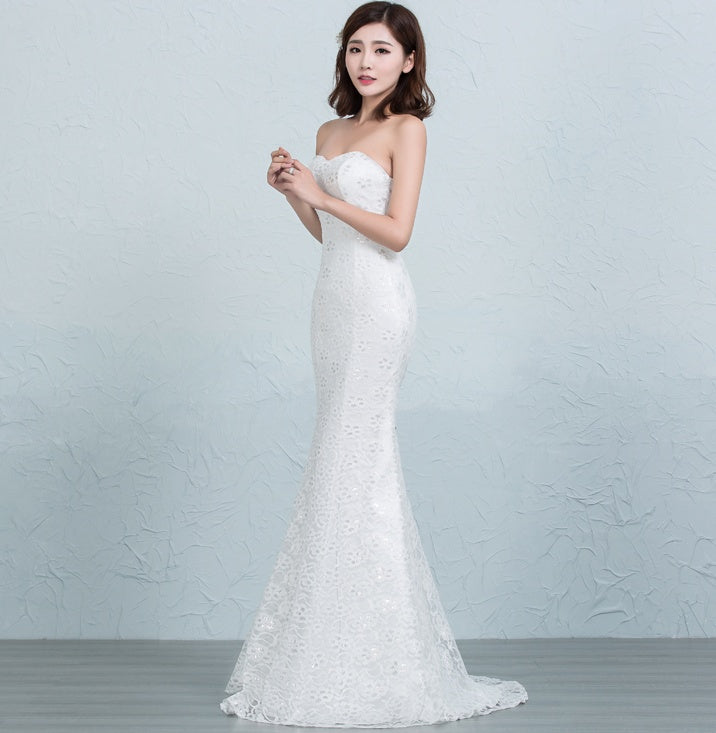 Sequined Lace Waist Fishtail Wedding Dress with Tube Top and Strap Back