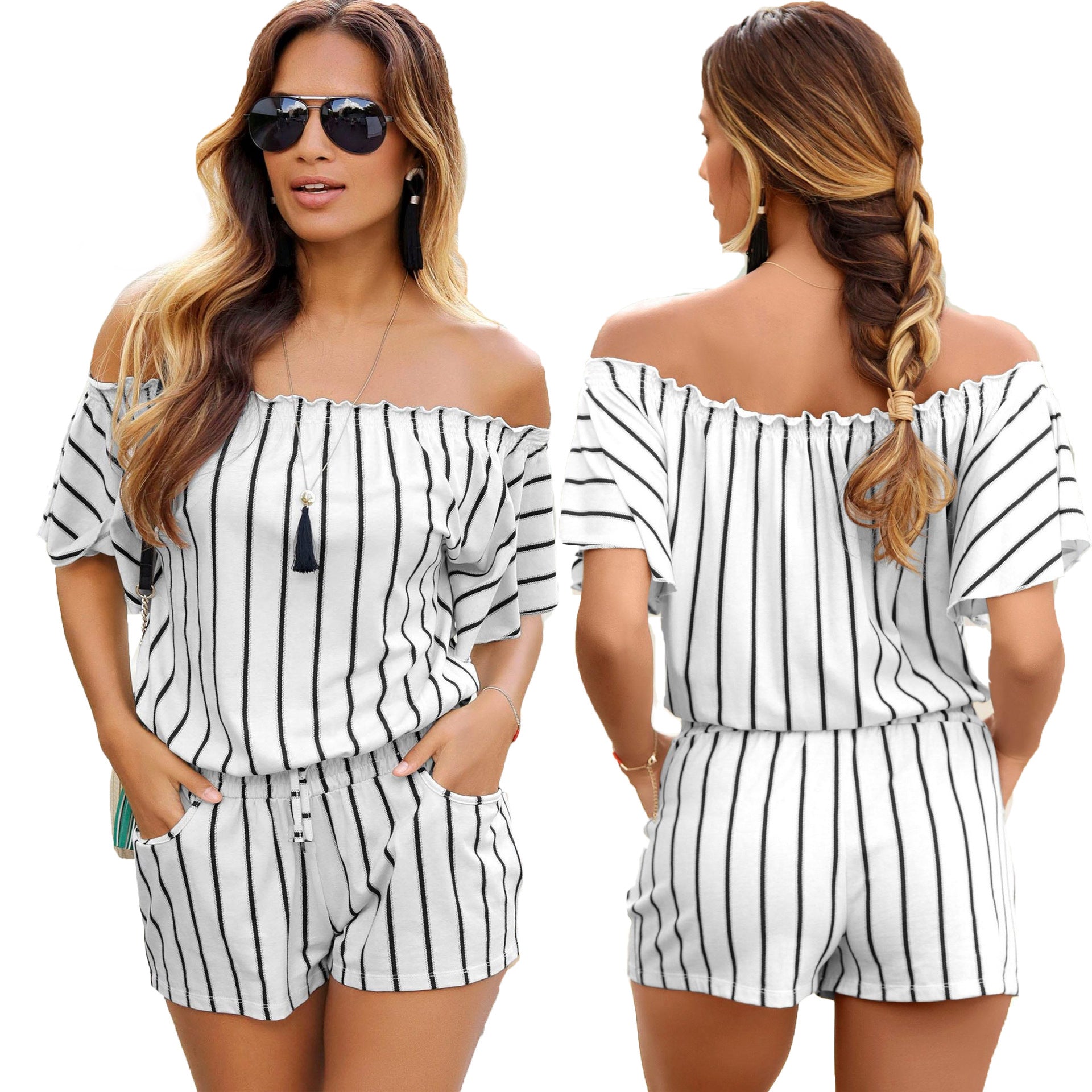 Striped neckline double pocket jumpsuit