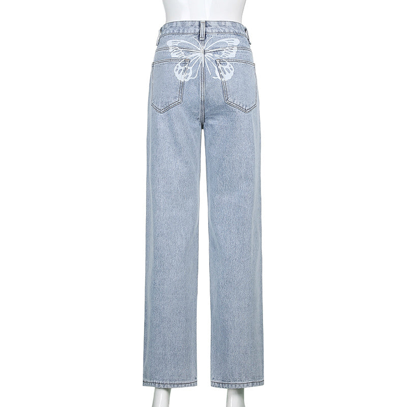 Retro Gradient Printed Washed Skinny Jeans – Women's Straight-Leg Denim Pants