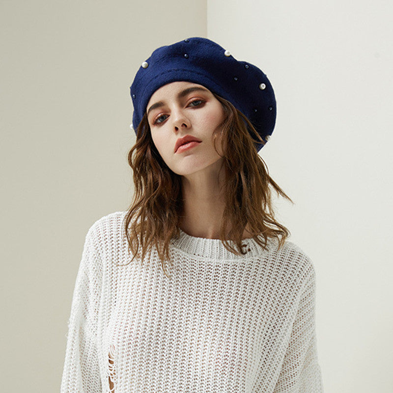 Elegant Pearl-Embellished Korean Rabbit Fur Women’s Autumn Winter Beret
