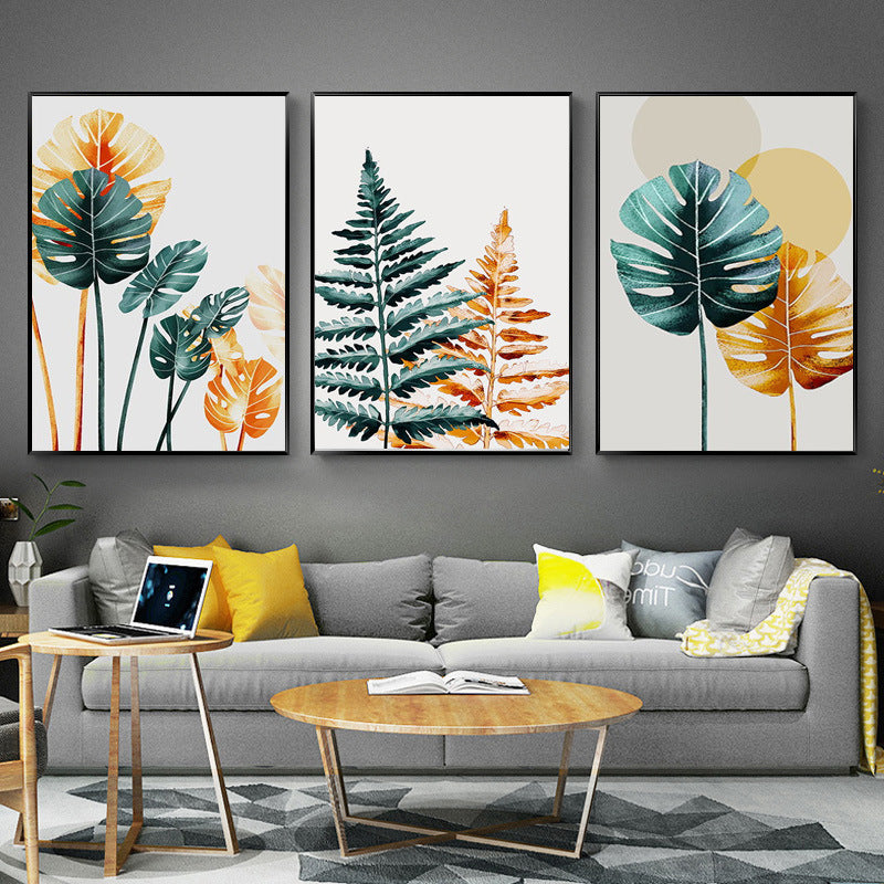 Tropical Plant Wall Art – Simple Green & Gold Leaf Oil Painting Canvas Decor
