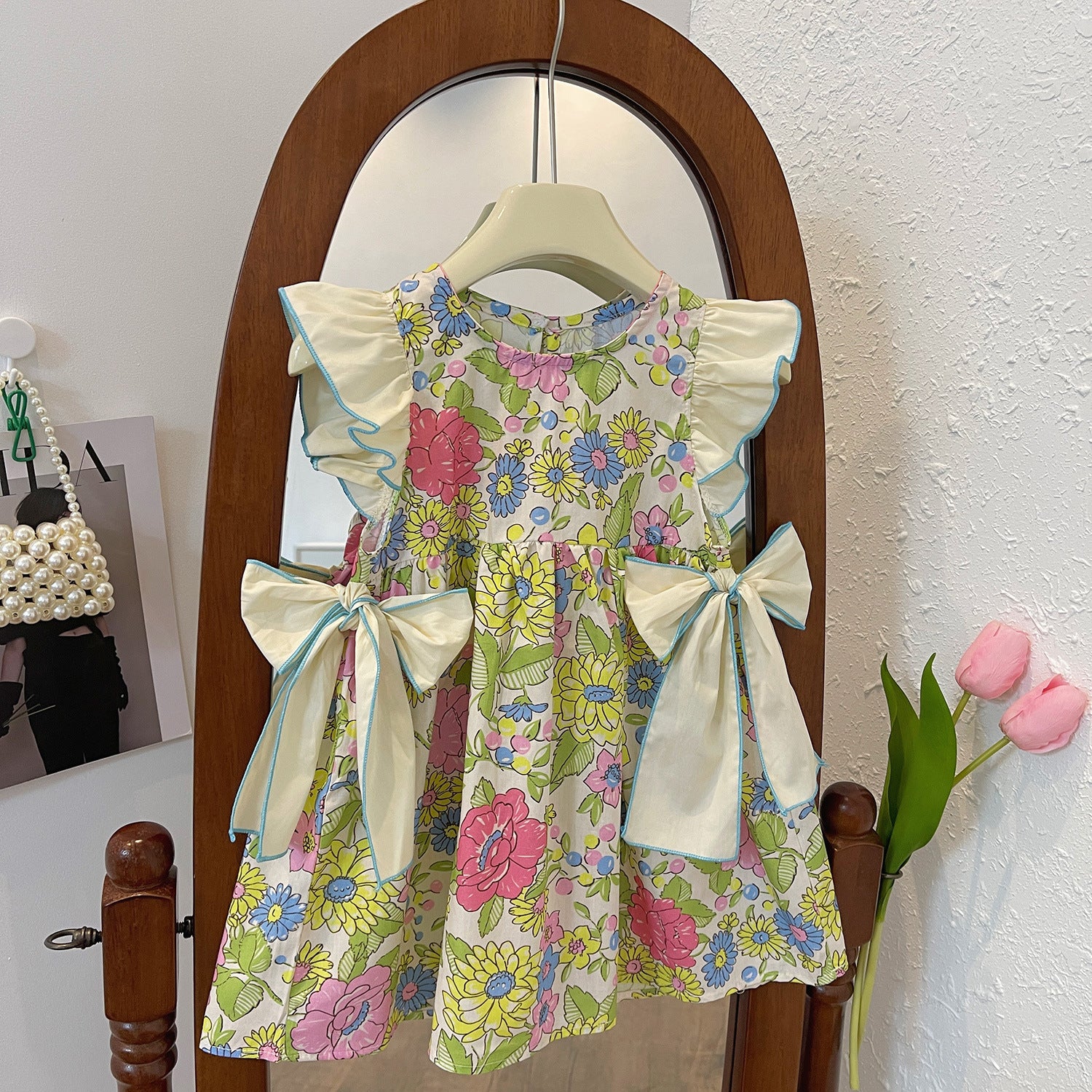 Girls' Floral Wooden Ear Double Bow Sleeveless Dress