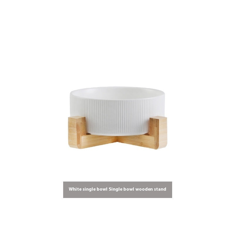 Pet Simple Wooden Frame Anti-tumble Ceramic Bowl
