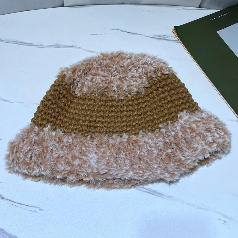 Korean-Style Plush Wool Wide-Brim Fisherman Hat with Dome Crown