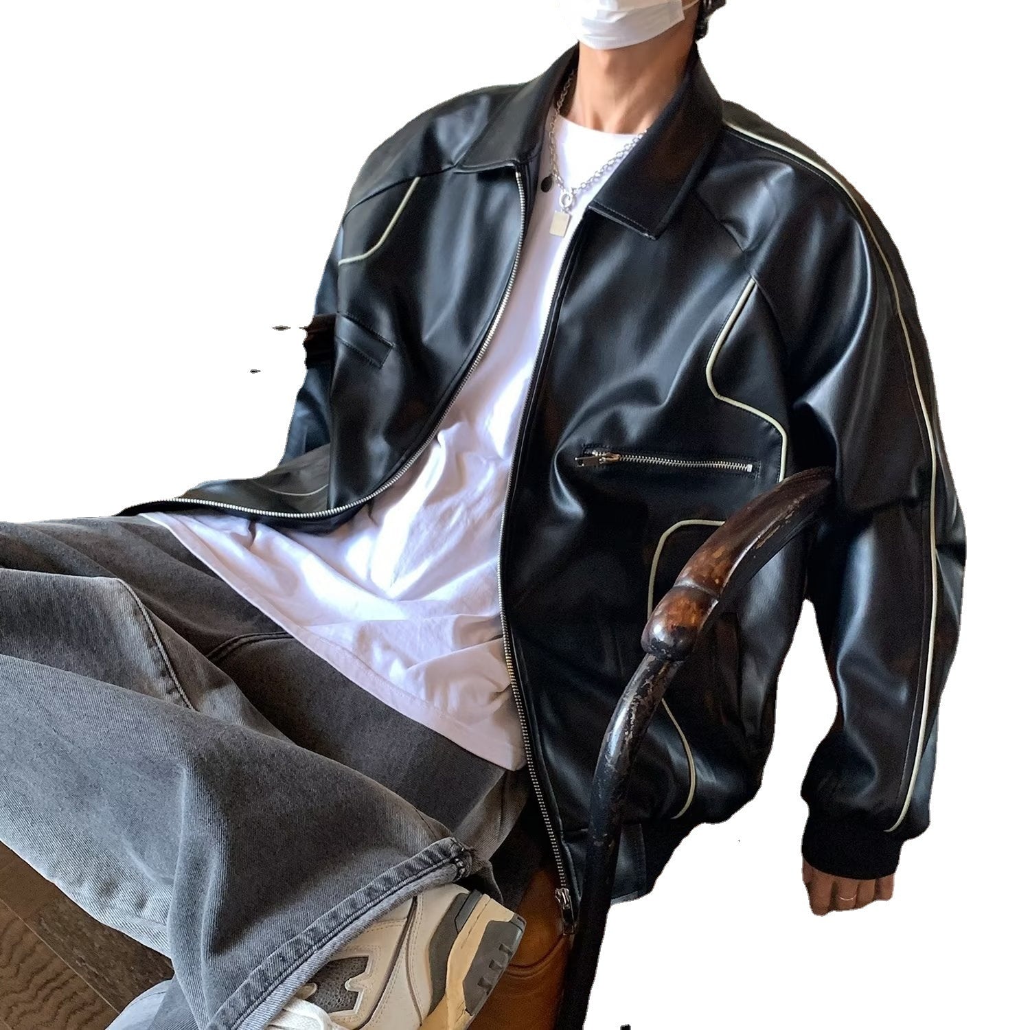 Unisex Retro Relaxed PU Leather Lapel Jacket Solid Color