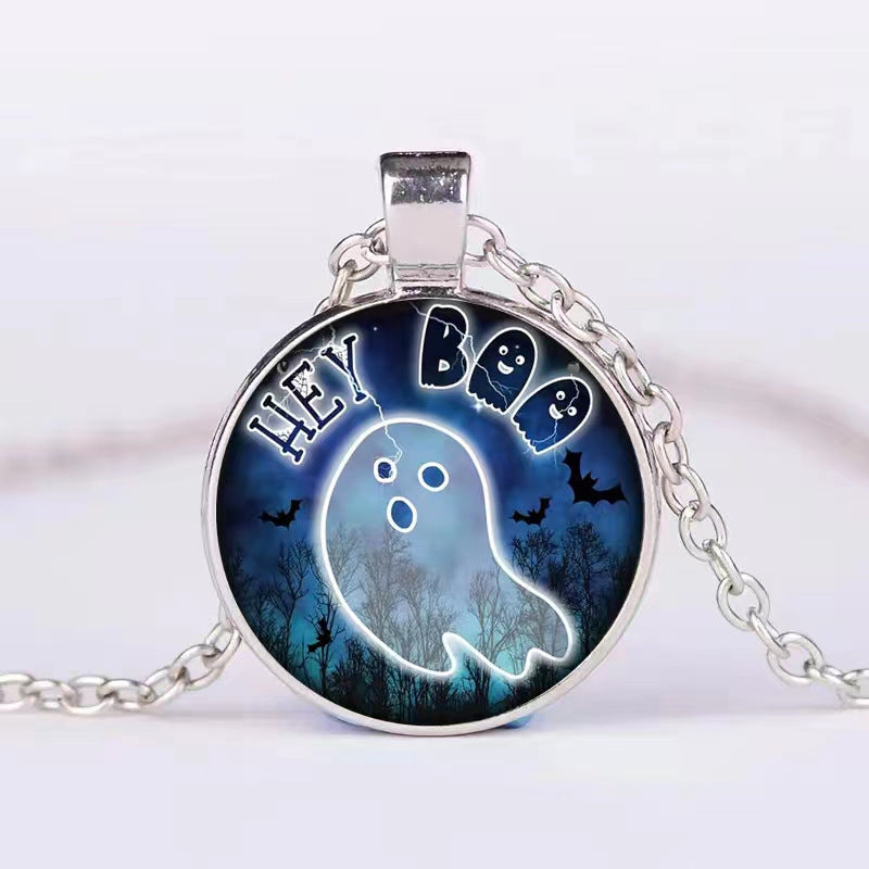 Halloween Pumpkin Ghost Bat Necklace – Round Clavicle Pendant Jewelry for Men and Women