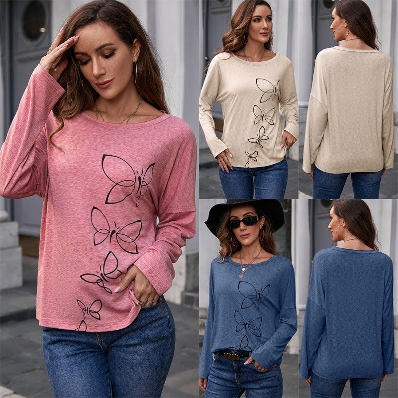 Printed Round Neck Long Sleeve Pullover Loose Casual Bottoming T-Shirt Top Women