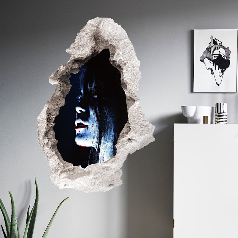 3D Bloody Ghost Wall Sticker – Scary Halloween Broken Glass Effect Party Decoration