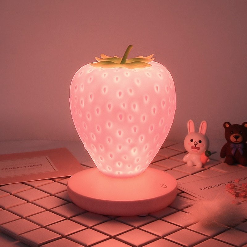 USB Rechargeable Strawberry Night Light – Cute LED Desk & Bedside Lamp