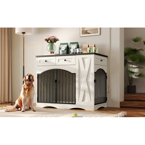 GO 43.3 Farmhouse Dog Crate Furniture, Heavy Duty Dog Crate With 3 Drawers, Indoor Wooden Dog Kennel With Removable Feeder, Dog Cage End Table For Medium Large Dogs, White
