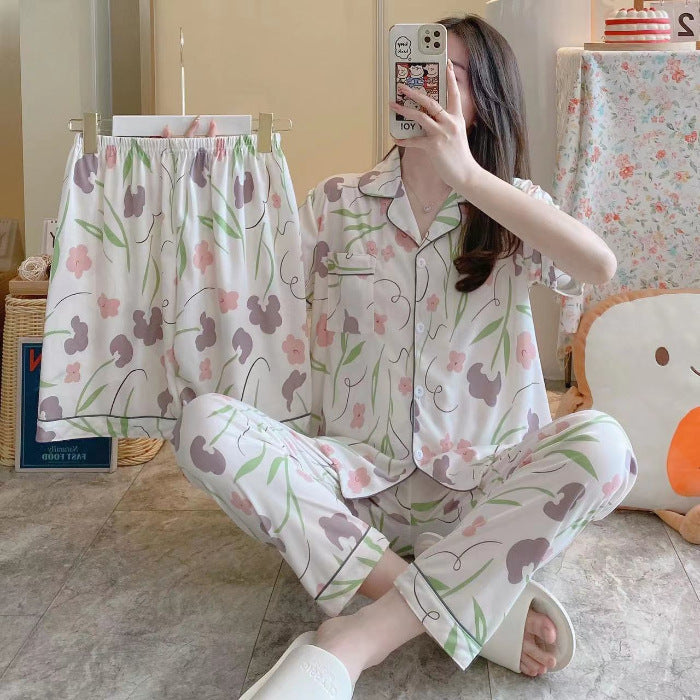 Women's Fruit Print Milk Silk Pajama Set Short Sleeve