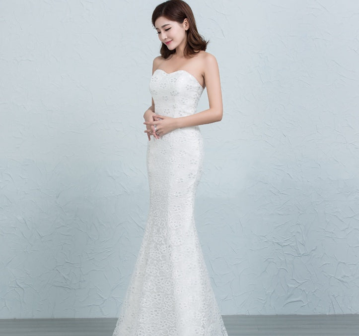 Sequined Lace Waist Fishtail Wedding Dress with Tube Top and Strap Back