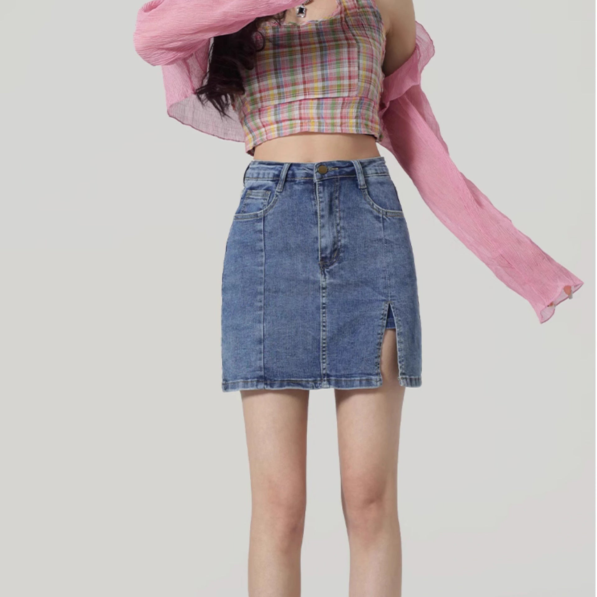 High-Waisted Distressed Denim Mini Skirt – Women’s Zipper Button Hip Skirt Casual Streetwear