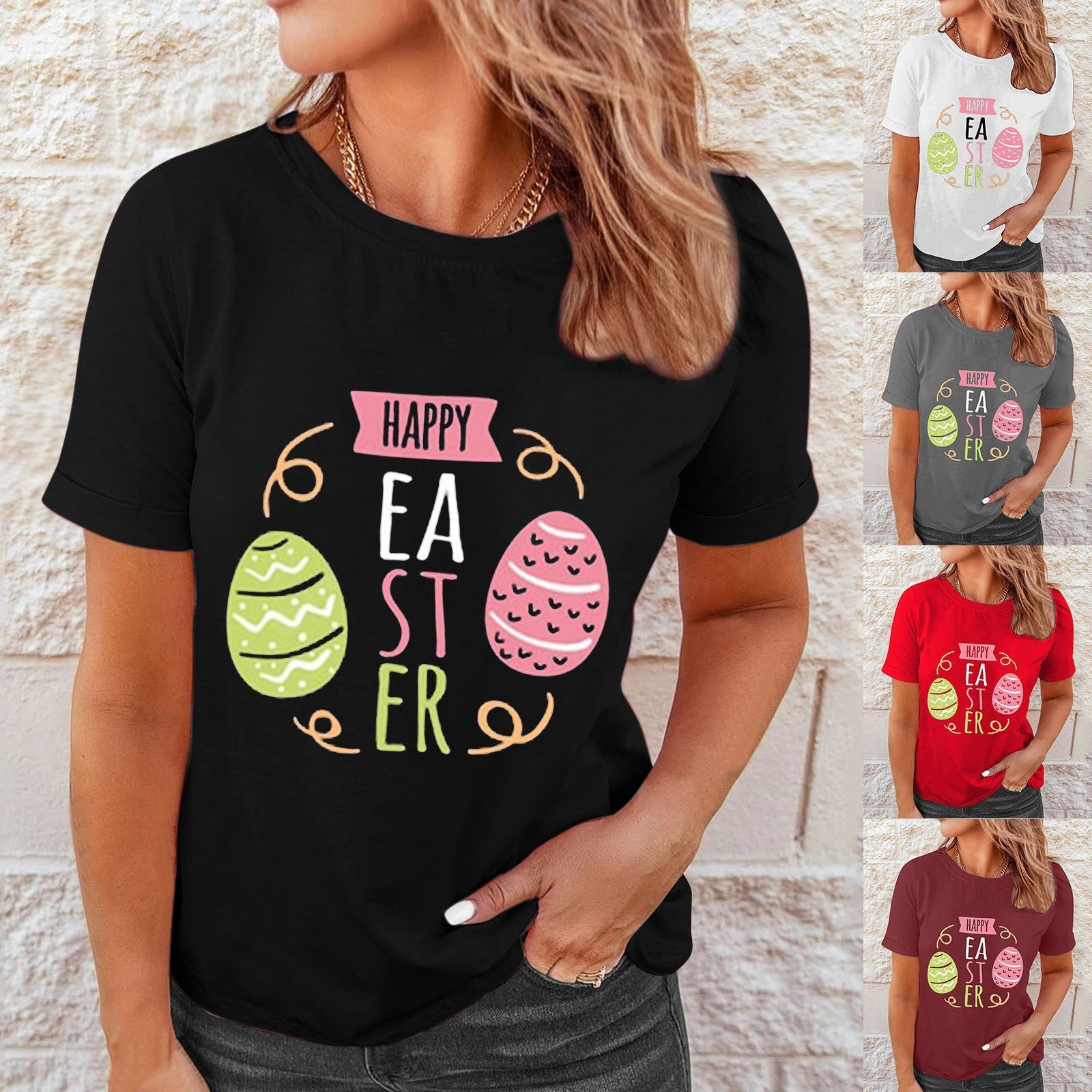 Women's Polyester Short Sleeve Printed Blouse Grey Easter