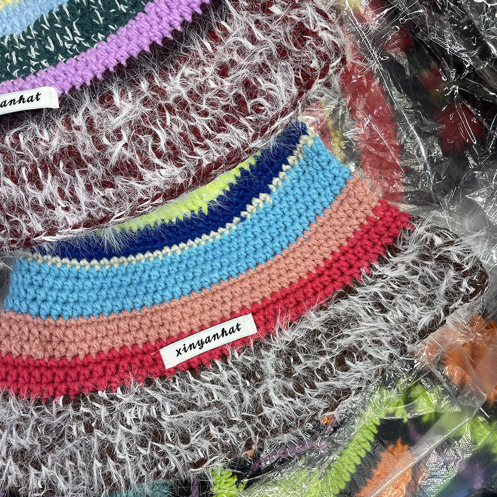 Niche Retro Contrast Color Stripes Hand Crocheting Woolen Cap