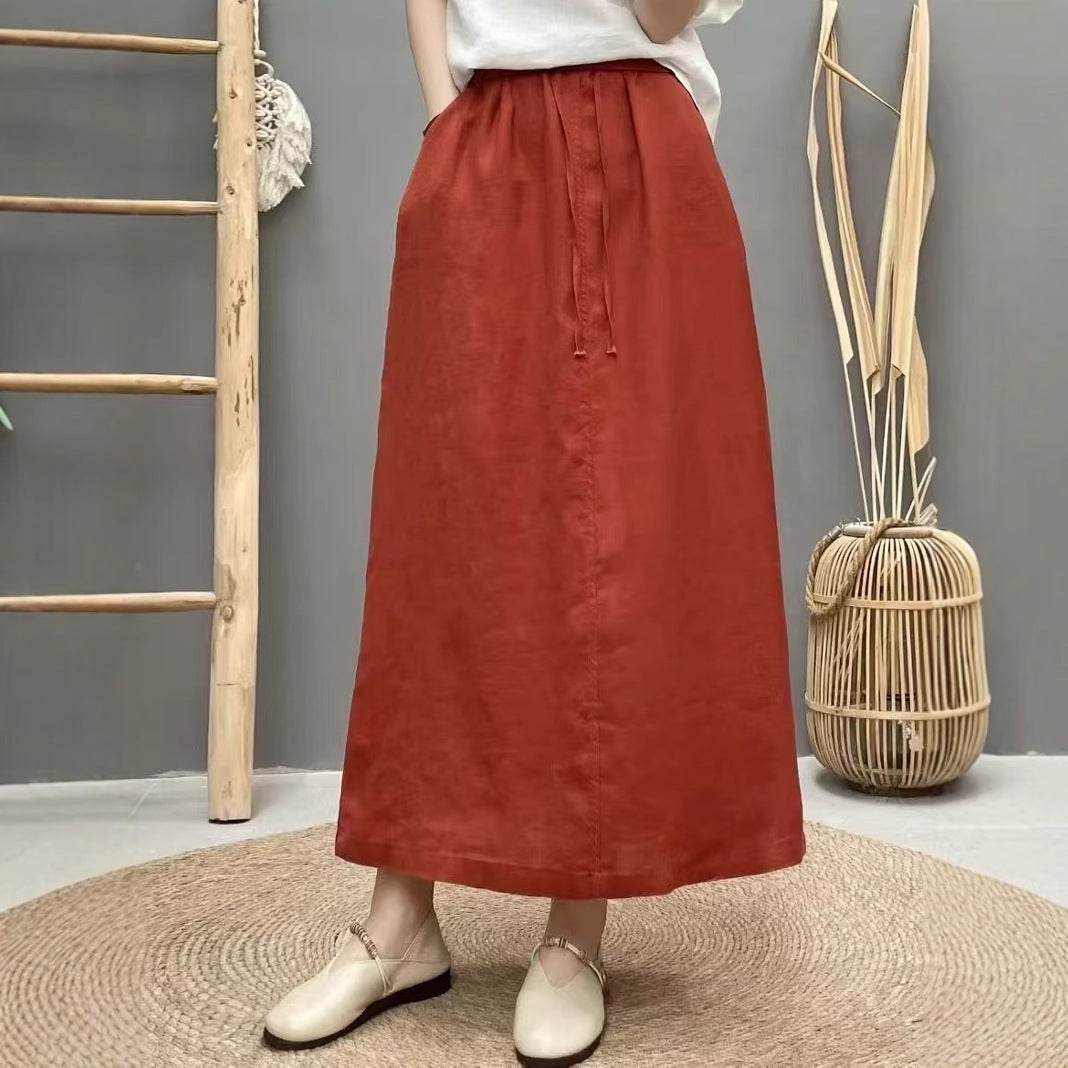 Women’s Linen Long Skirt – Solid Color Elastic Waist Maxi Skirt