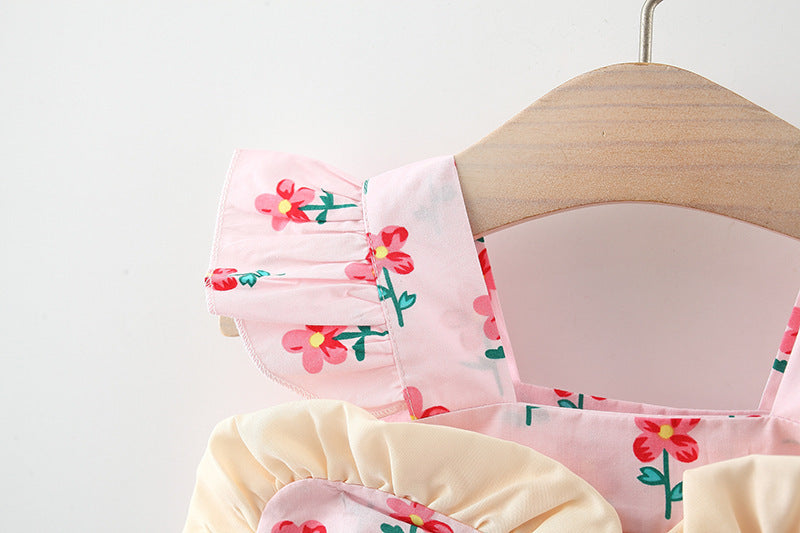 Girls' Dress Suspenders Flounced Sleeve Printing
