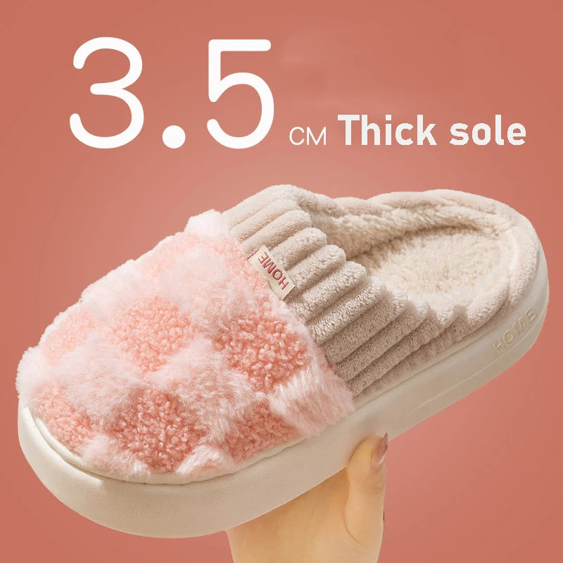 Women’s Plaid Plush Slippers – Indoor Warm Non-Slip Thick Sole Home Shoes Autumn Winter