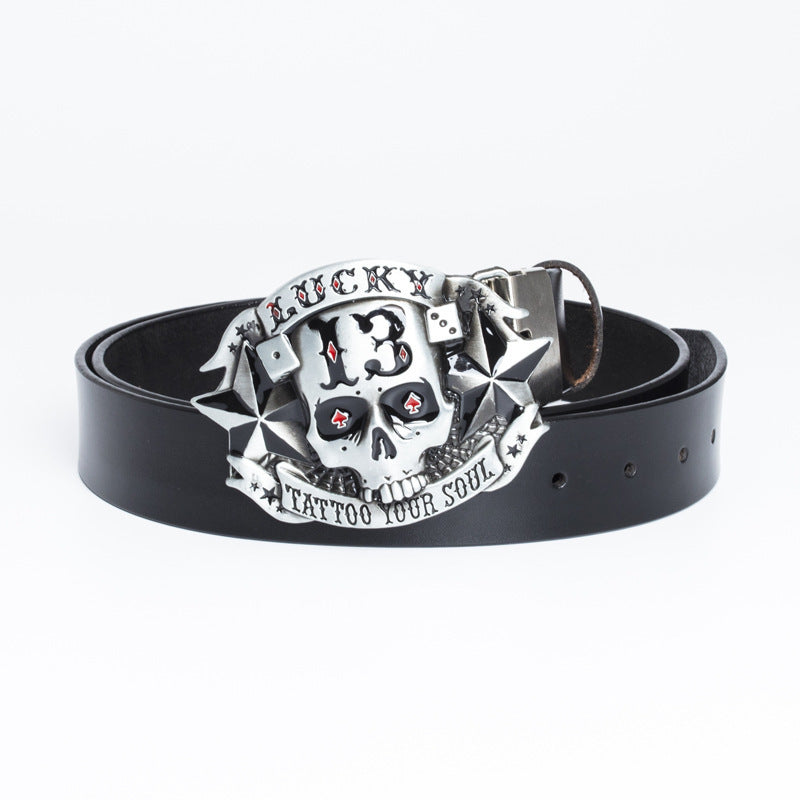Genuine Leather Skull Belt – Smooth Buckle, Alloy Hardware