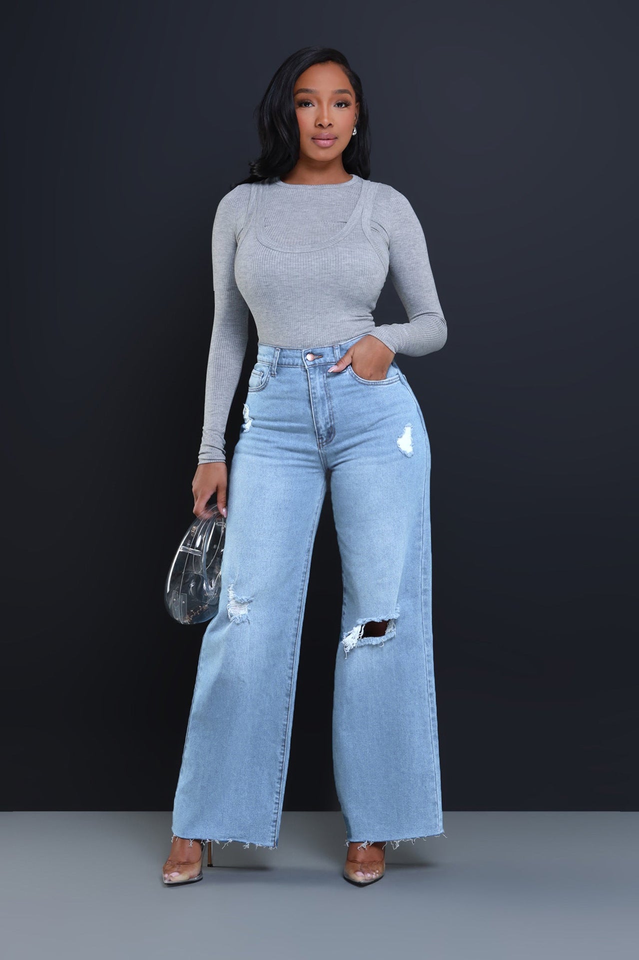 Women's Ripped High Waist Loose Straight Wide-Leg Jeans