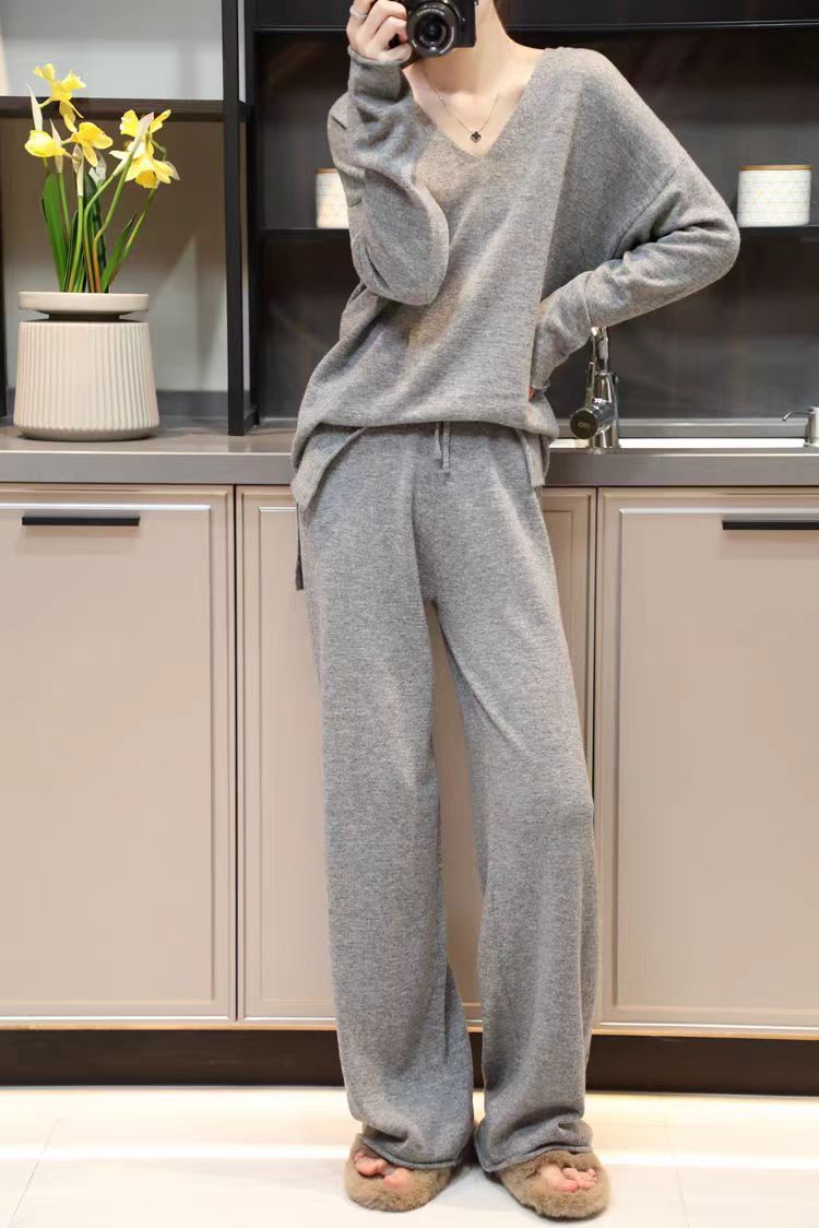 Unisex Korean Cashmere Hooded Top Spliced Wide Leg Pants