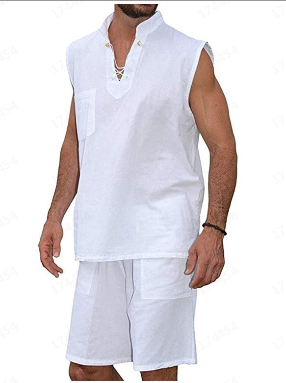 Men's Casual Solid Color Lace-Up Vest Two-Piece Set