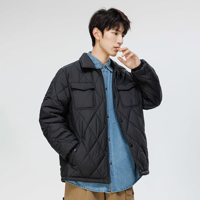 Popular Cotton-padded Coat Men Fashion Brands Solid Color Coat Fashionable Rhombus Plaid Loose Plus Size Cotton Clothes Classic Short Retro Top