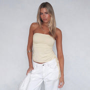 European And American Pure Color Tube-top Slim Fit Drawstring Pleated Simple T-shirt Top For Women