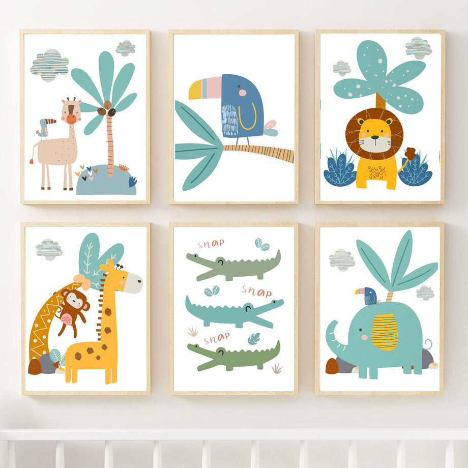 Safari Jungle Animal Wall Art – Giraffe, Lion, Elephant & Toucan Nordic Style Canvas Poster