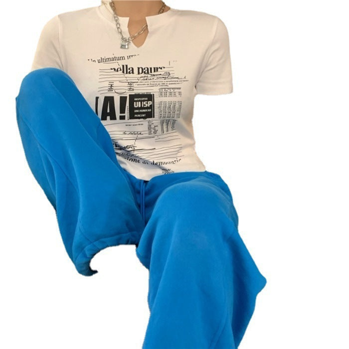 Summer New White V-Neck Short Sleeve T-Shirt Women