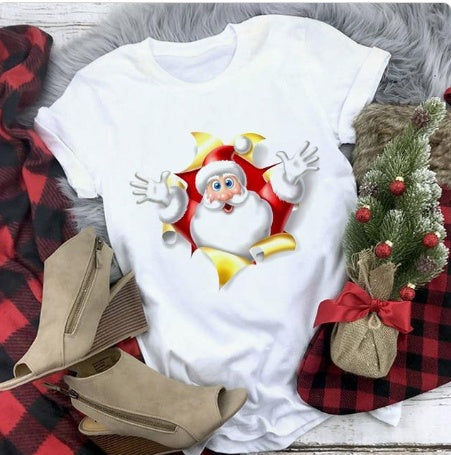 Christmas Cute Reindeer Print Short Sleeve T-shirt For Women
